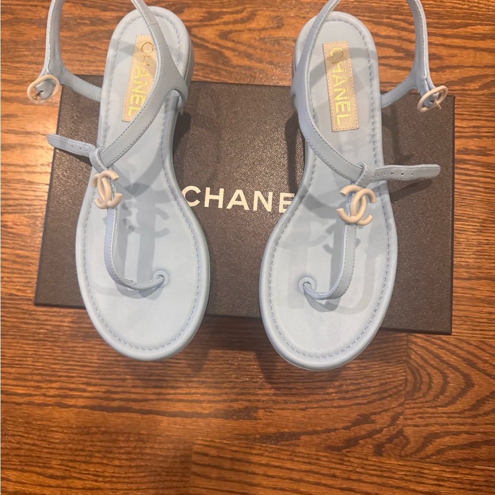 Chanel Blue Sandals with T-Strap and CC Logo